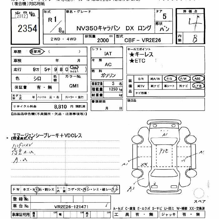 Аукционный лист NISSAN CARAVAN VAN 2019