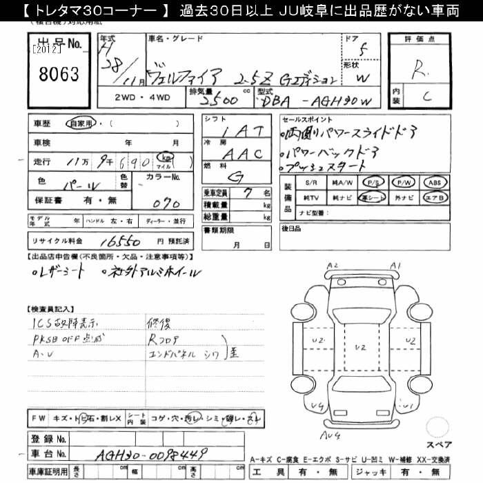 Аукционный лист TOYOTA VELLFIRE 2016