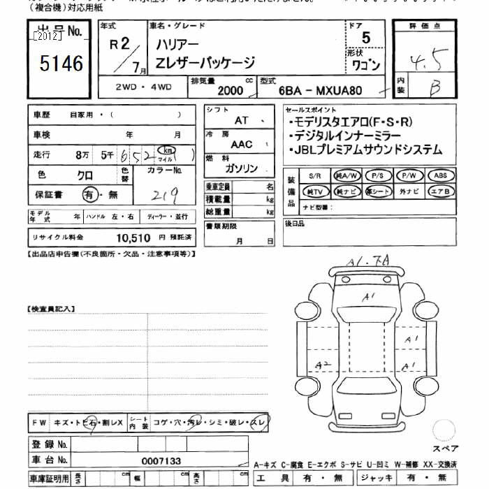 Аукционный лист TOYOTA HARRIER 2020