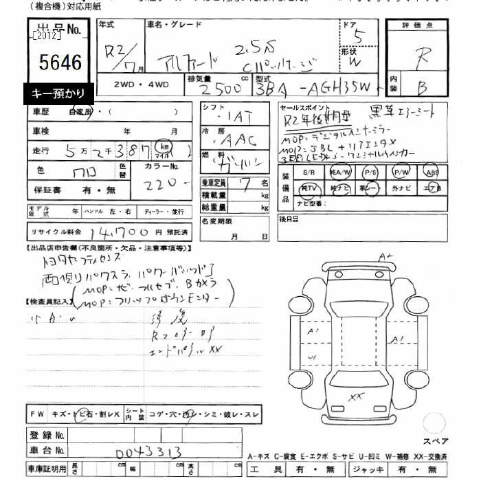 Аукционный лист TOYOTA ALPHARD 2020