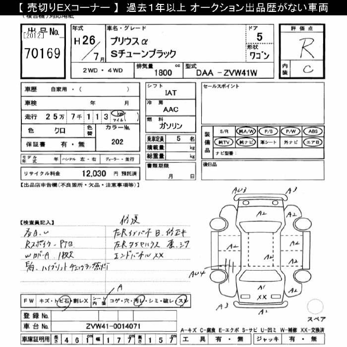 Аукционный лист TOYOTA PRIUS ALPHA 2014