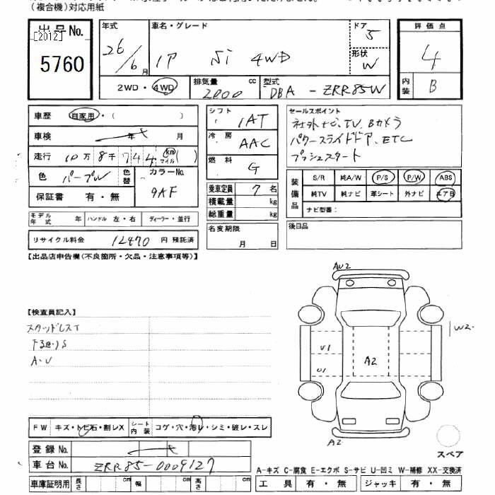 Аукционный лист TOYOTA NOAH 2014