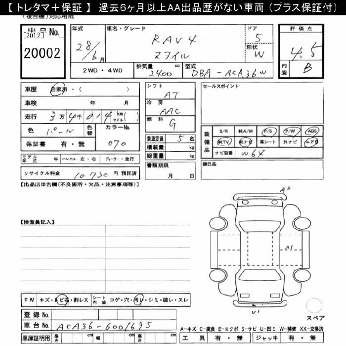 Аукционный лист TOYOTA RAV4 2016