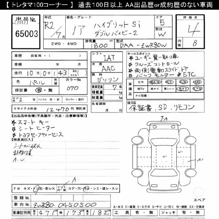 Аукционный лист TOYOTA NOAH 2020