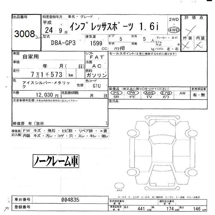 Аукционный лист SUBARU IMPREZA 2012