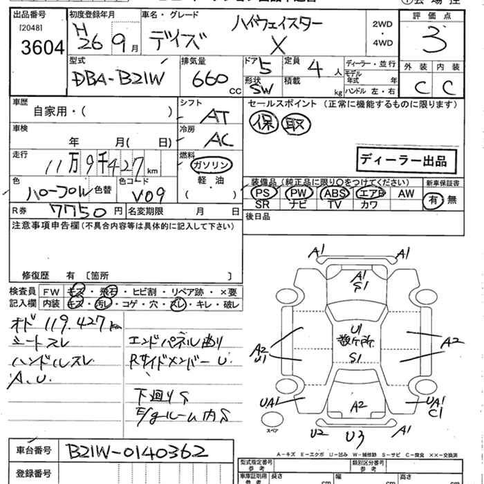 Аукционный лист NISSAN DAYZ 2014