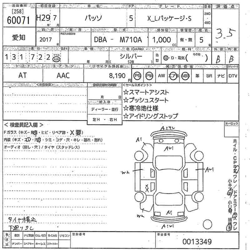 Аукционный лист TOYOTA PASSO 2017