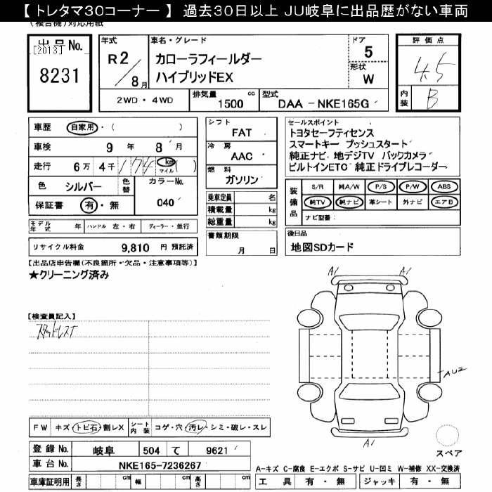 Аукционный лист TOYOTA COROLLA FIELDER 2020