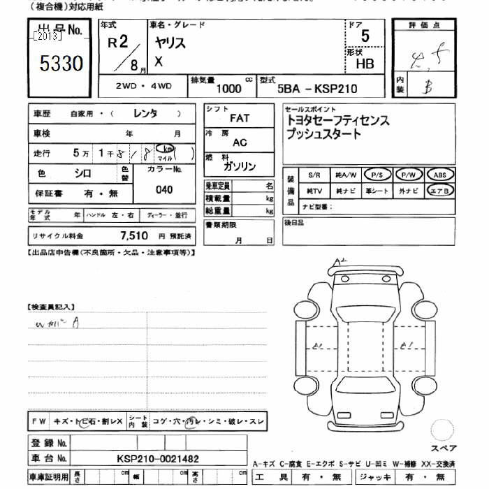 Аукционный лист TOYOTA YARIS 2020