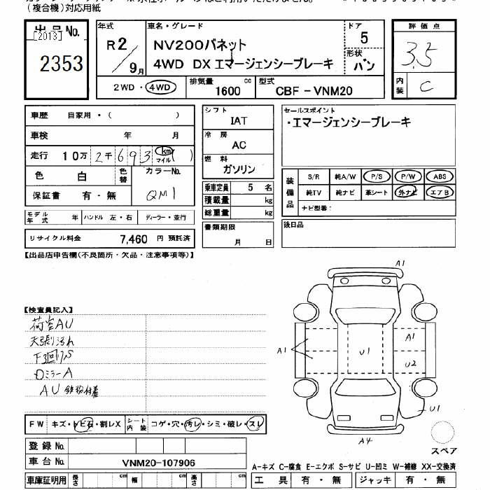 Аукционный лист NISSAN NV200 2020