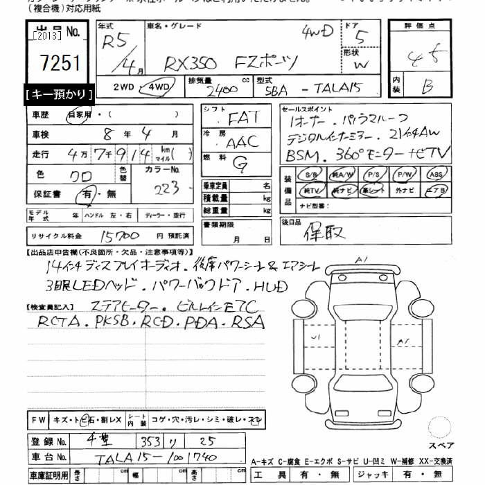 Аукционный лист LEXUS RX 2023