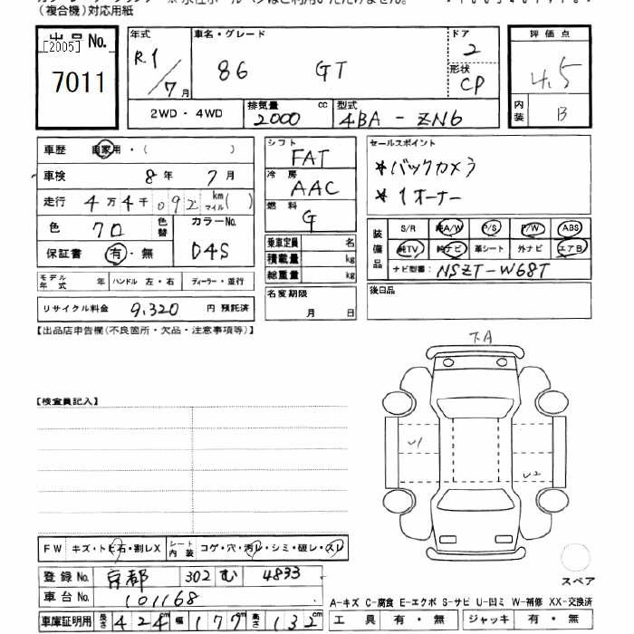 Аукционный лист TOYOTA 86 2019
