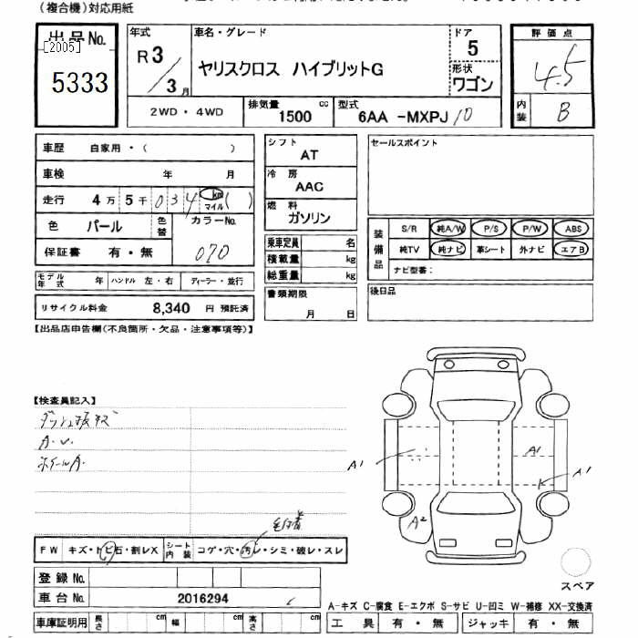 Аукционный лист TOYOTA YARIS CROSS 2021