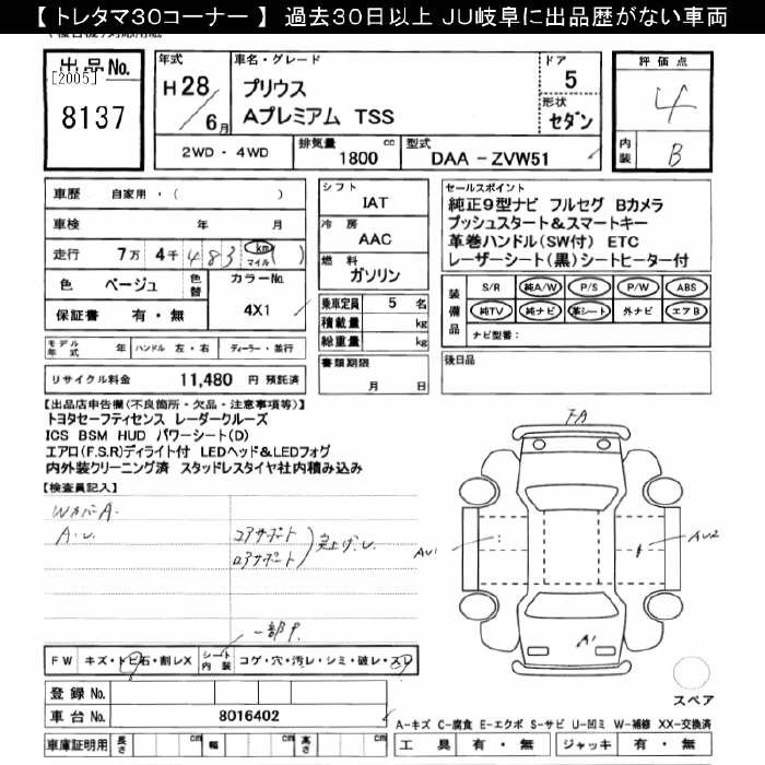 Аукционный лист TOYOTA PRIUS 2016