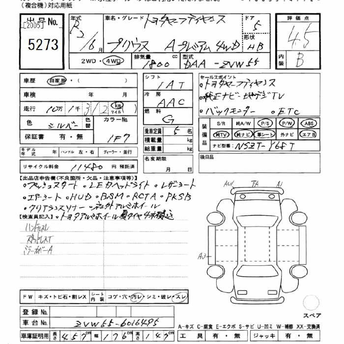 Аукционный лист TOYOTA PRIUS 2020