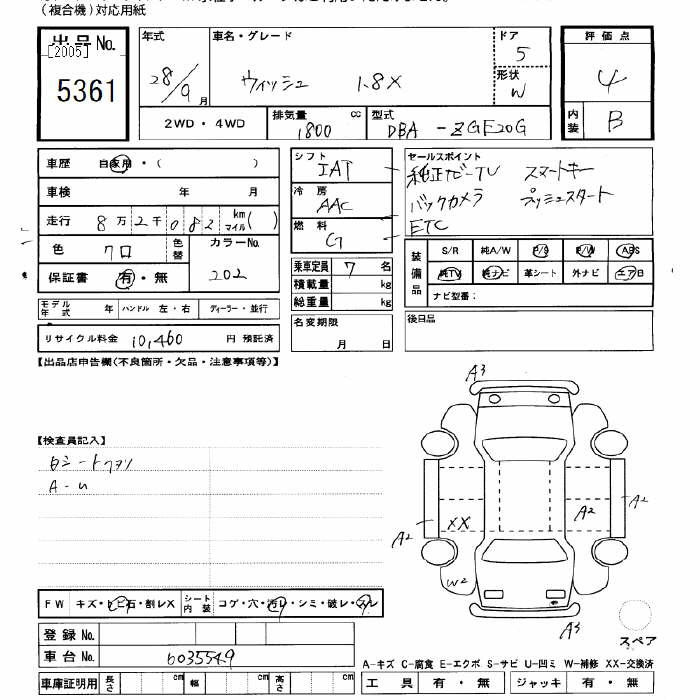 Аукционный лист TOYOTA WISH 2016