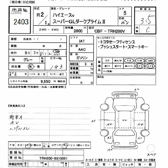 Аукционный лист TOYOTA HIACE VAN 2020