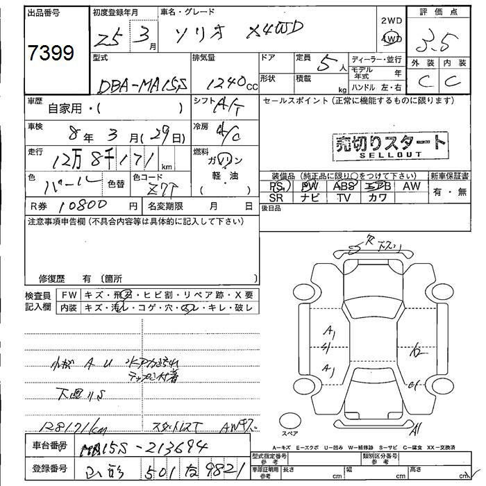 Аукционный лист SUZUKI SOLIO 2013