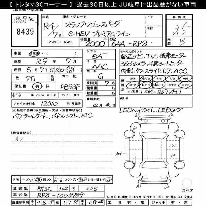Аукционный лист HONDA STEP WAGON 2022