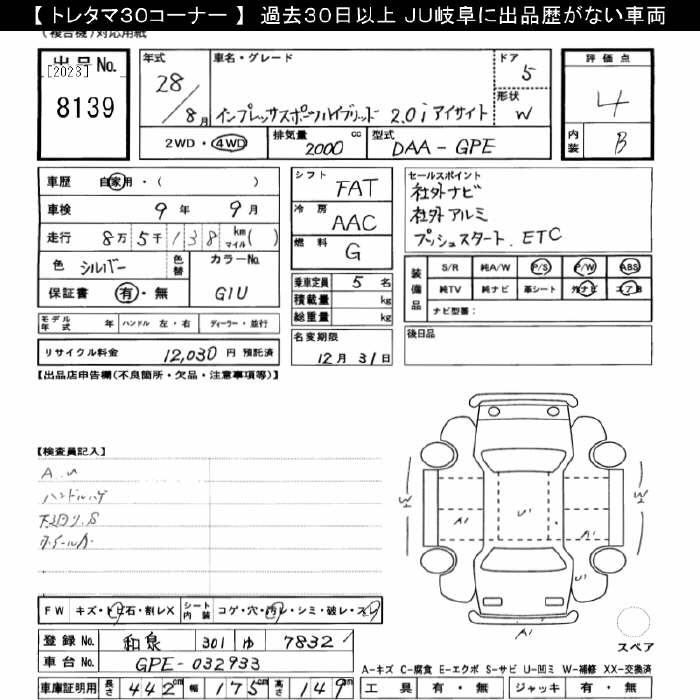 Аукционный лист SUBARU IMPREZA 2016