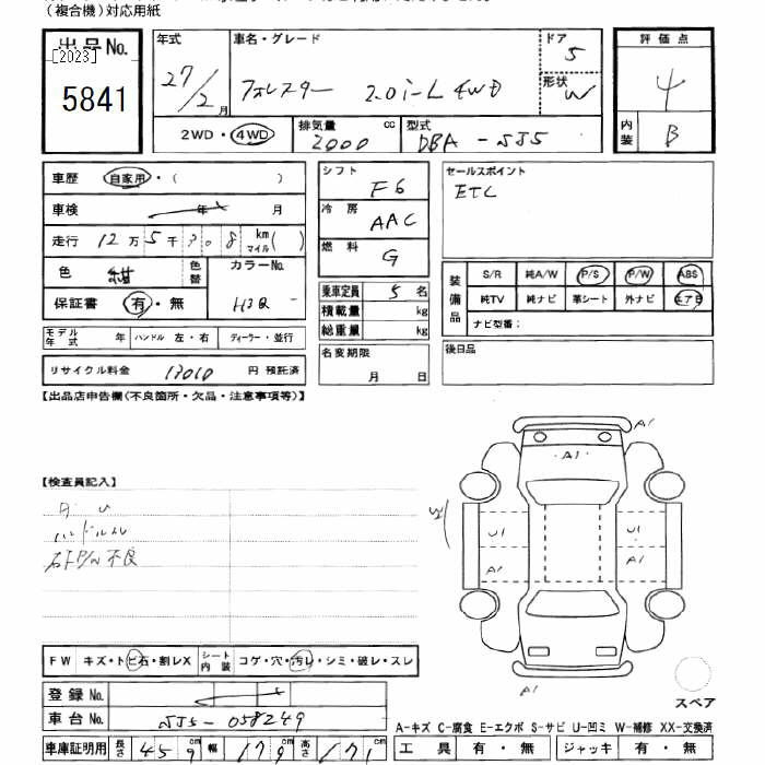 Аукционный лист SUBARU FORESTER 2015
