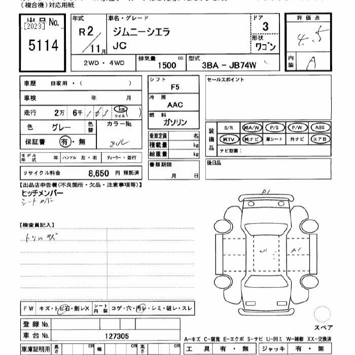 Аукционный лист SUZUKI JIMNY SIERRA 2020