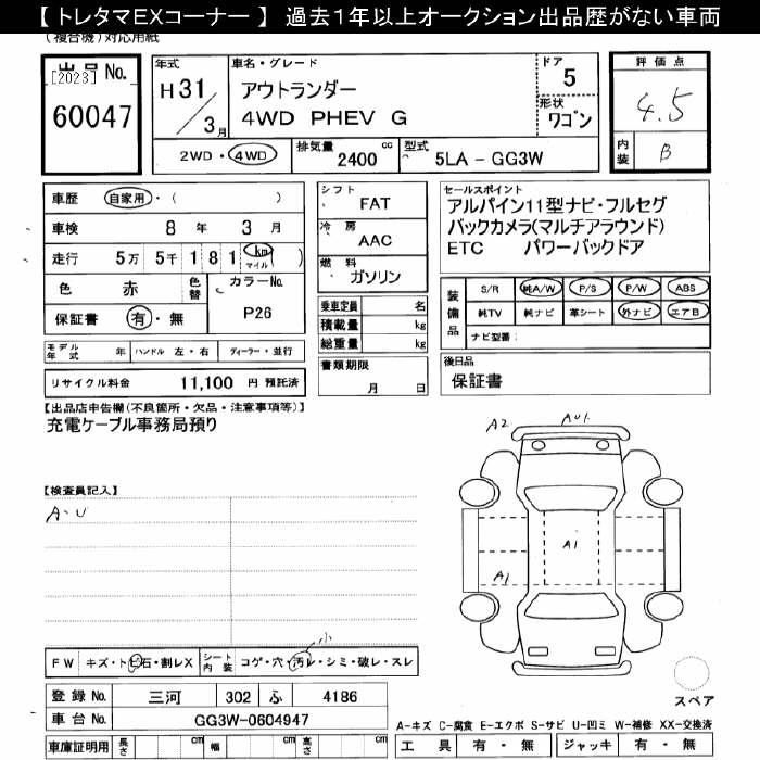 Аукционный лист MITSUBISHI OUTLANDER PHEV 2019
