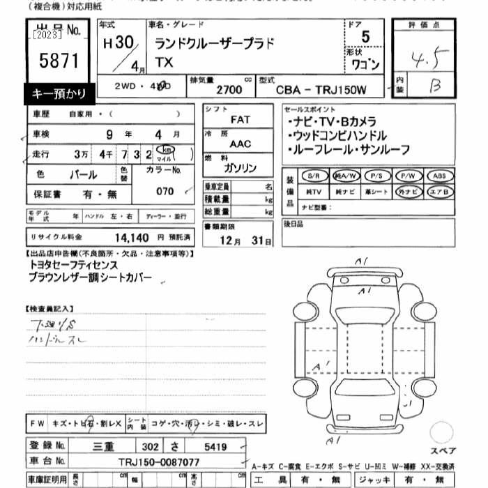 Аукционный лист TOYOTA LAND CRUISER PRADO 2018