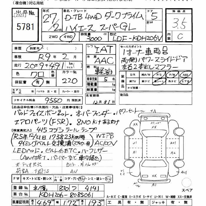 Аукционный лист TOYOTA HIACE VAN 2015