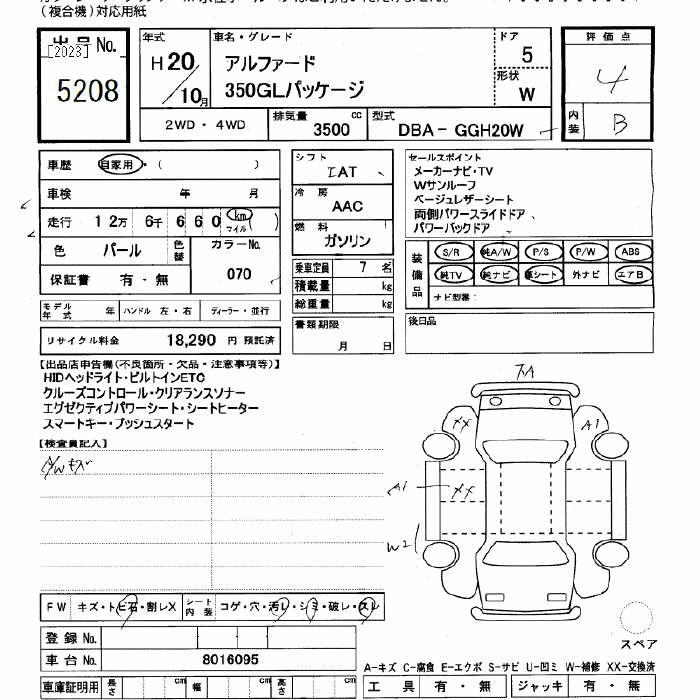 Аукционный лист TOYOTA ALPHARD 2008
