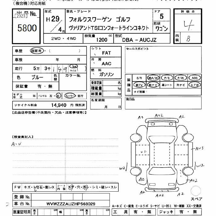 Аукционный лист VOLKSWAGEN GOLF VARIANT 2017