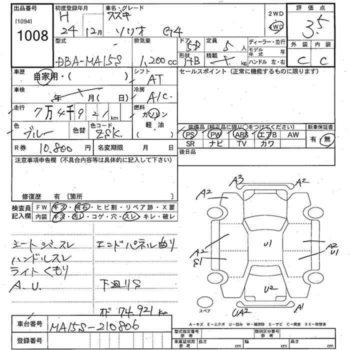 Аукционный лист SUZUKI SOLIO 2012