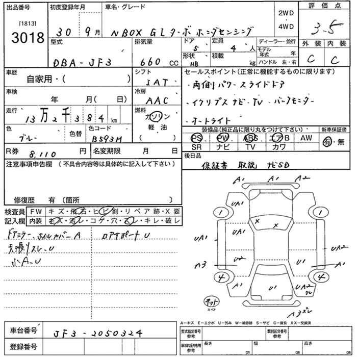 Аукционный лист HONDA N BOX 2018