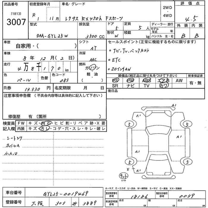 Аукционный лист LEXUS RX 2019
