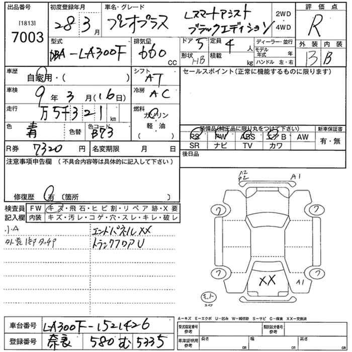 Аукционный лист SUBARU PLEO PLUS 2016