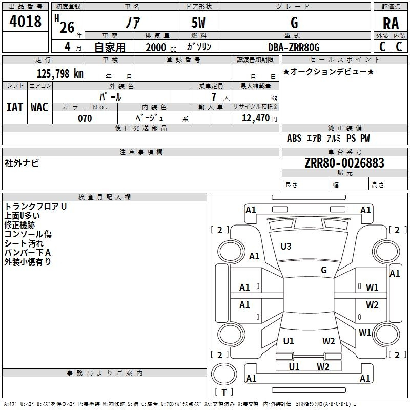 Аукционный лист TOYOTA NOAH 2014