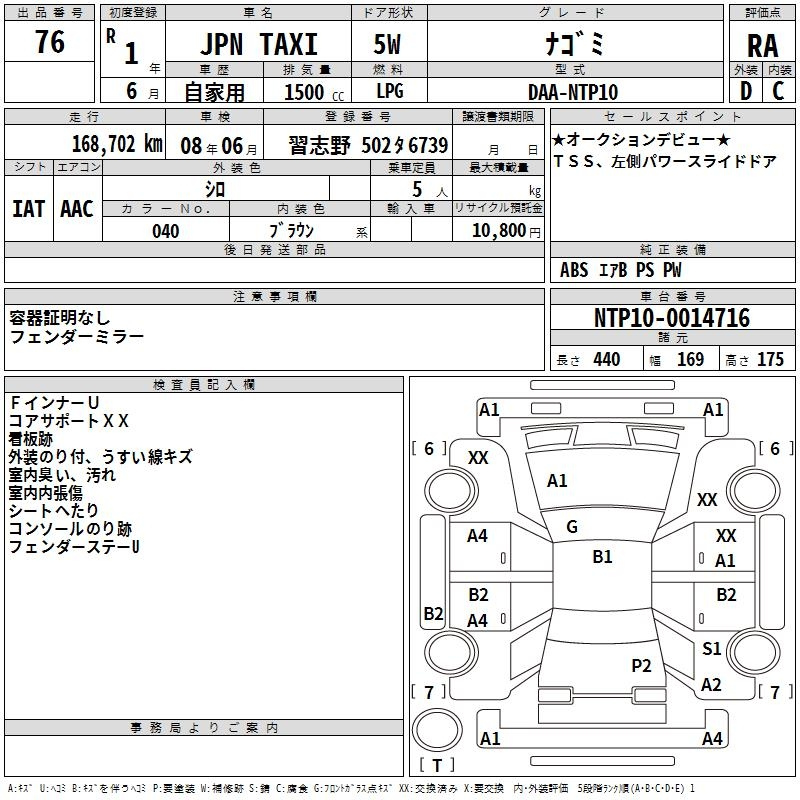 Аукционный лист TOYOTA JPN TAXI 2019
