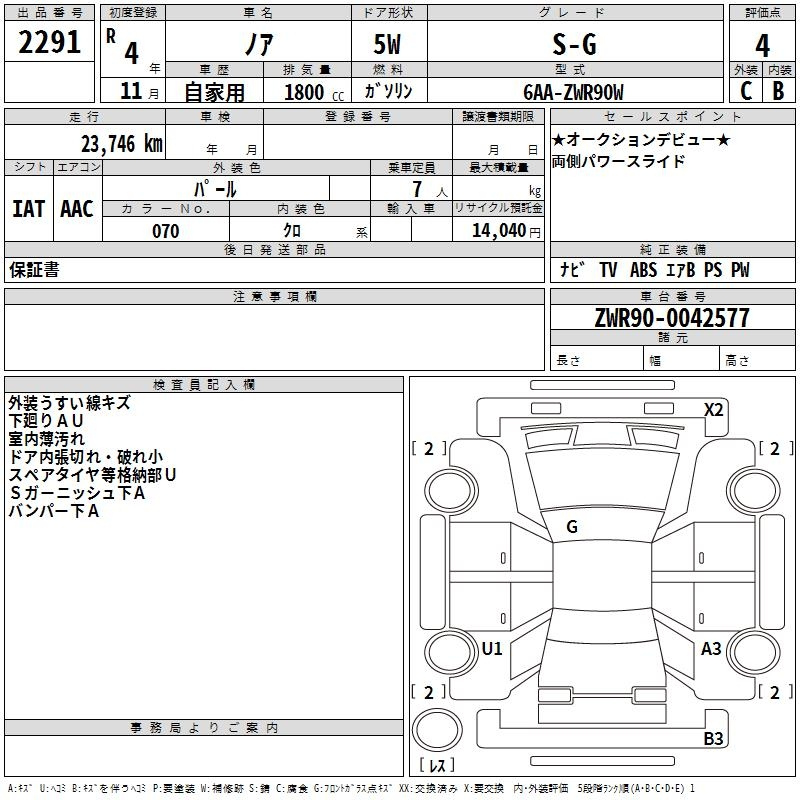 Аукционный лист TOYOTA NOAH 2022