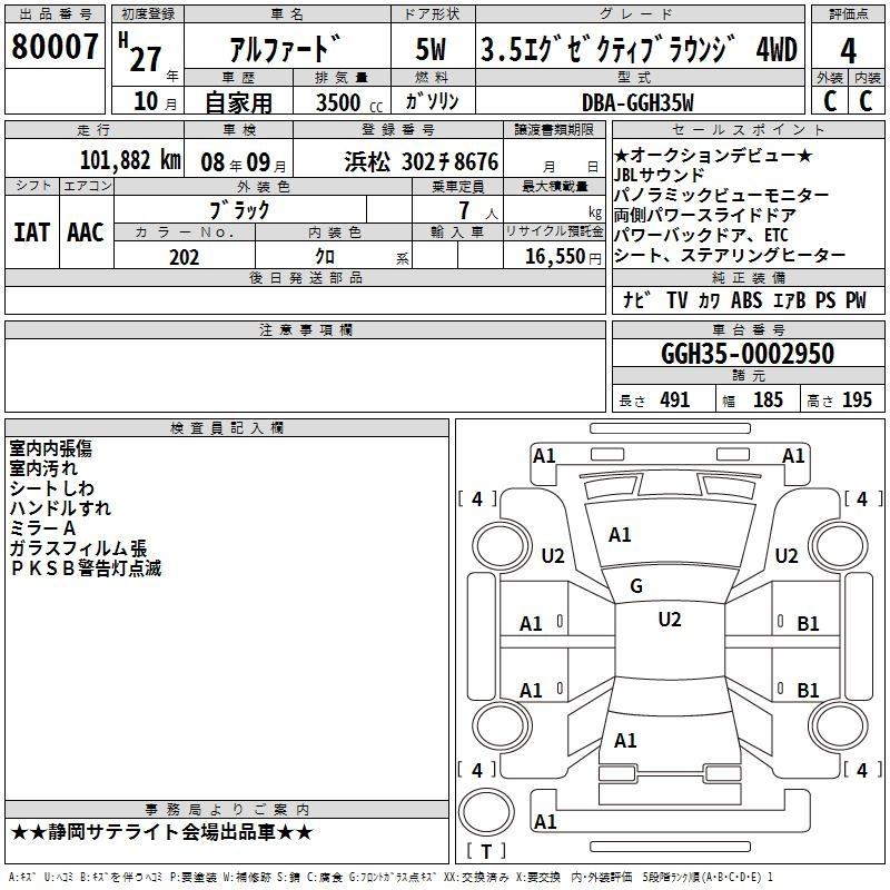 Аукционный лист TOYOTA ALPHARD 2015
