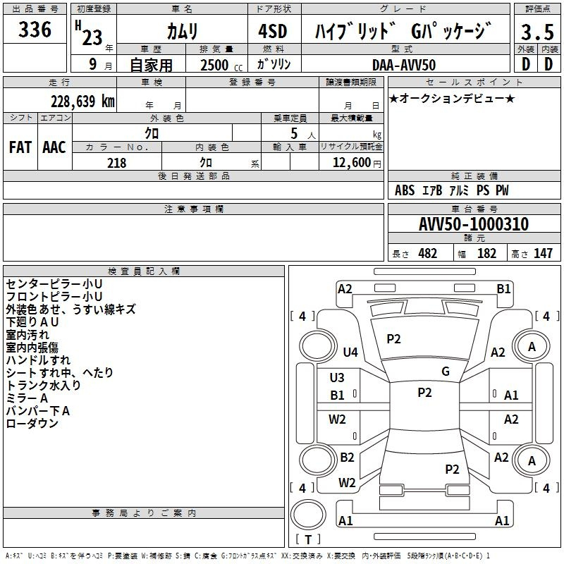 Аукционный лист TOYOTA CAMRY 2011