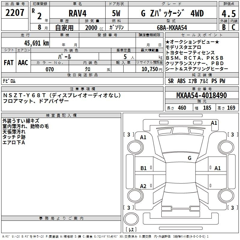 Аукционный лист TOYOTA RAV4 2020