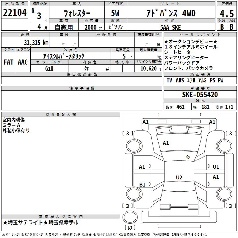 Аукционный лист SUBARU FORESTER 2021