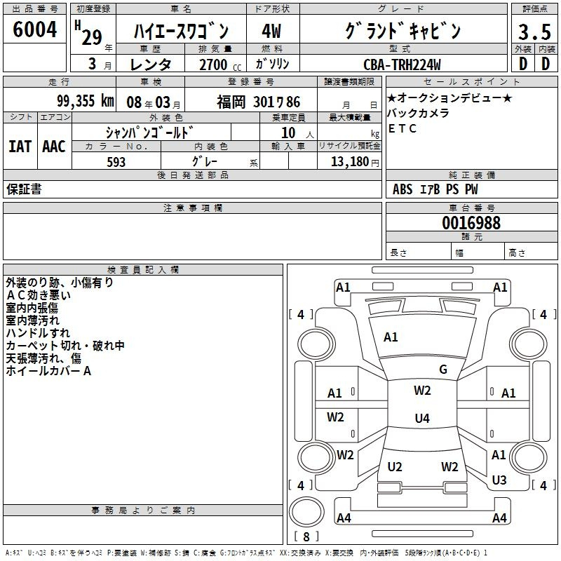 Аукционный лист TOYOTA HIACE 2017