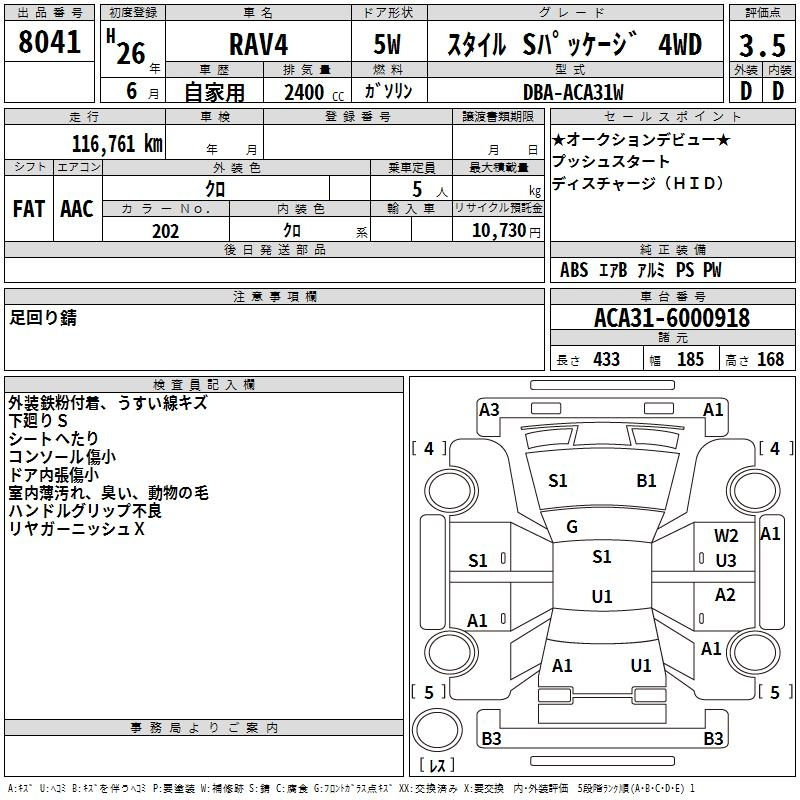 Аукционный лист TOYOTA RAV4 2014
