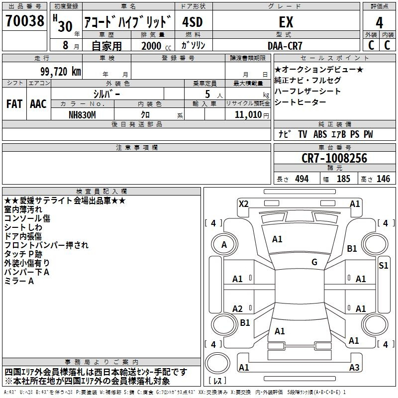 Аукционный лист HONDA ACCORD 2018