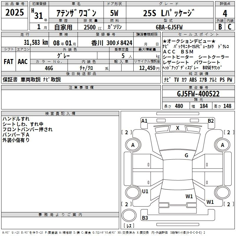 Аукционный лист MAZDA ATENZA WAGON 2019