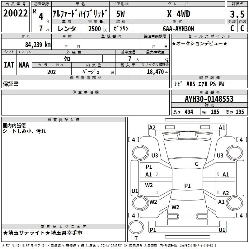 Аукционный лист TOYOTA ALPHARD 2022