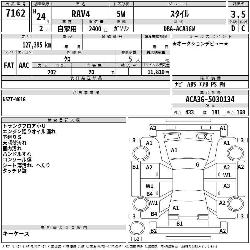 Аукционный лист TOYOTA RAV4 2012