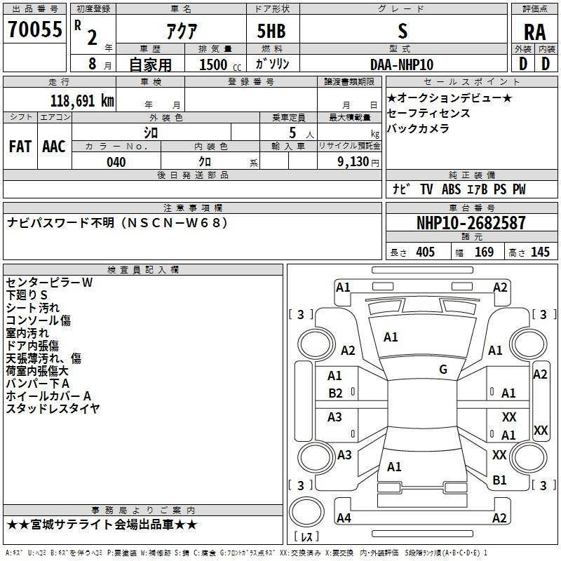 Аукционный лист TOYOTA AQUA 2020