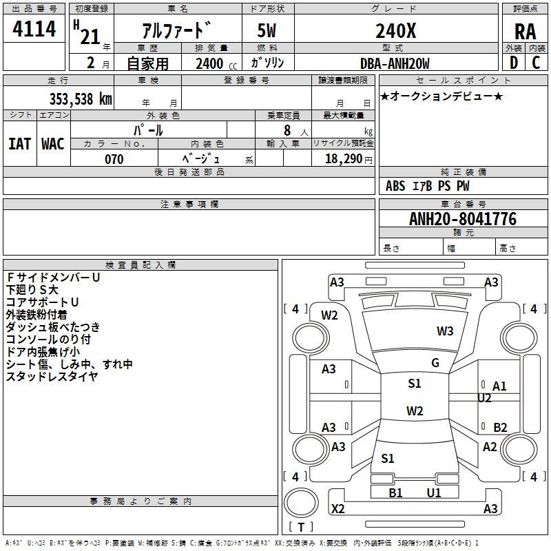 Аукционный лист TOYOTA ALPHARD 2009